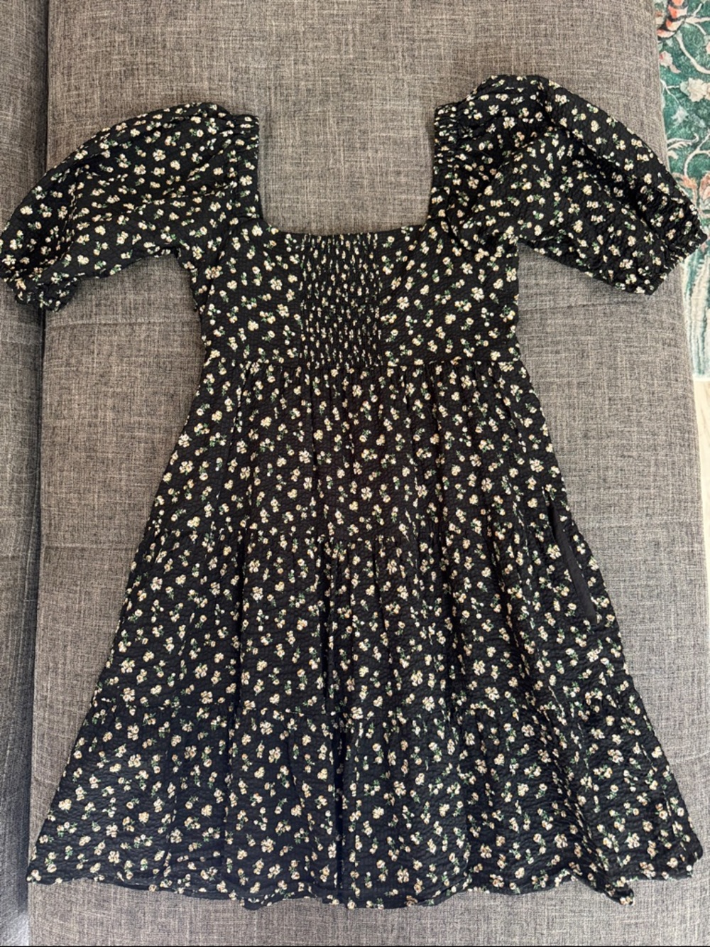 WAYF Black Floral Babydoll Mini Dress Puff Sleeve Cottagecore Size S - Picture 4 of 7